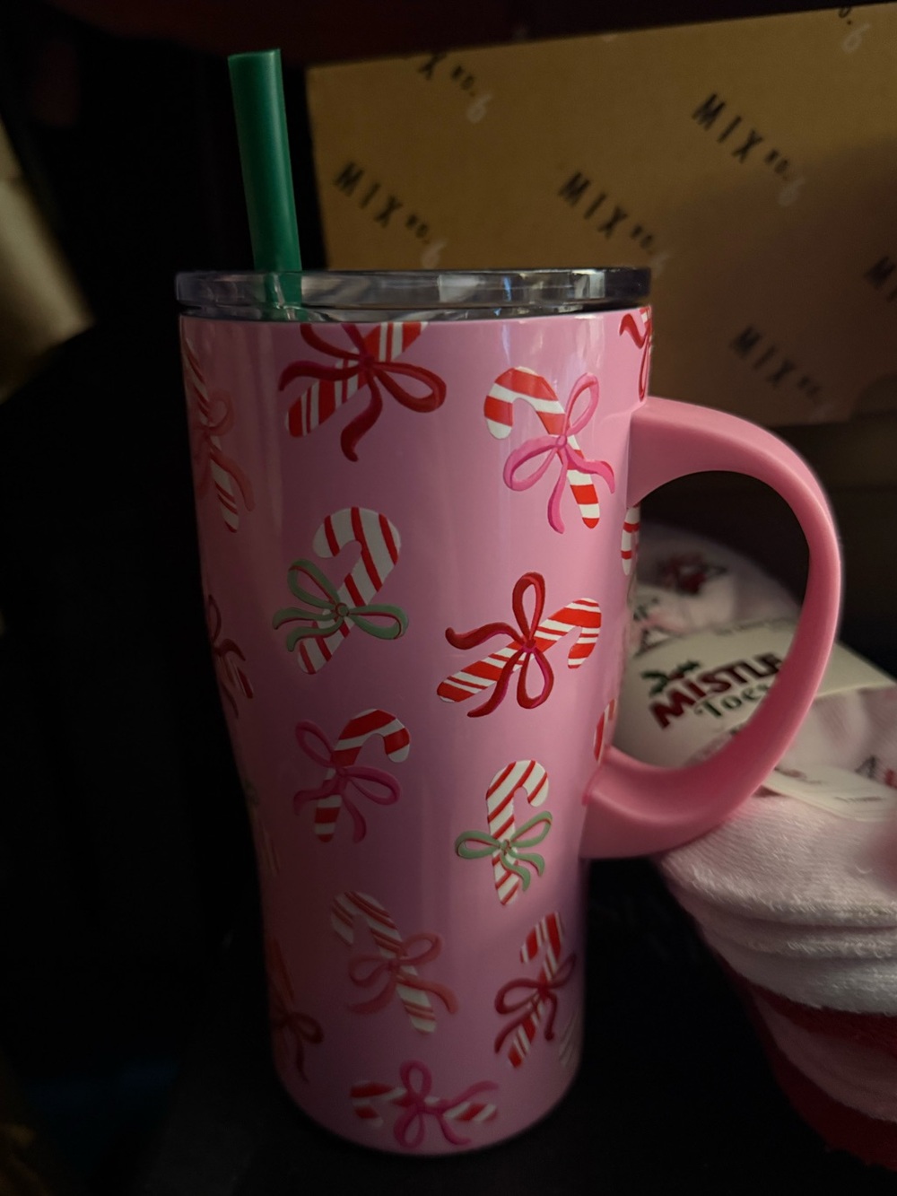 Pink Candy Cane Pattern Travel Mug with Handle - Unbranded